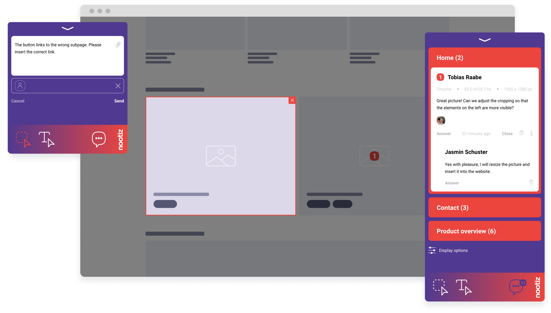 The nootiz project list with open and completed notes per website