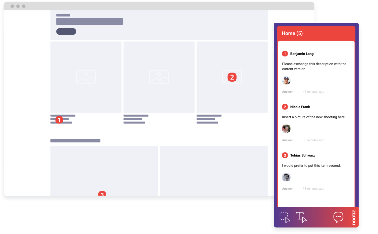 A note with comment, reply and assignment on a website element